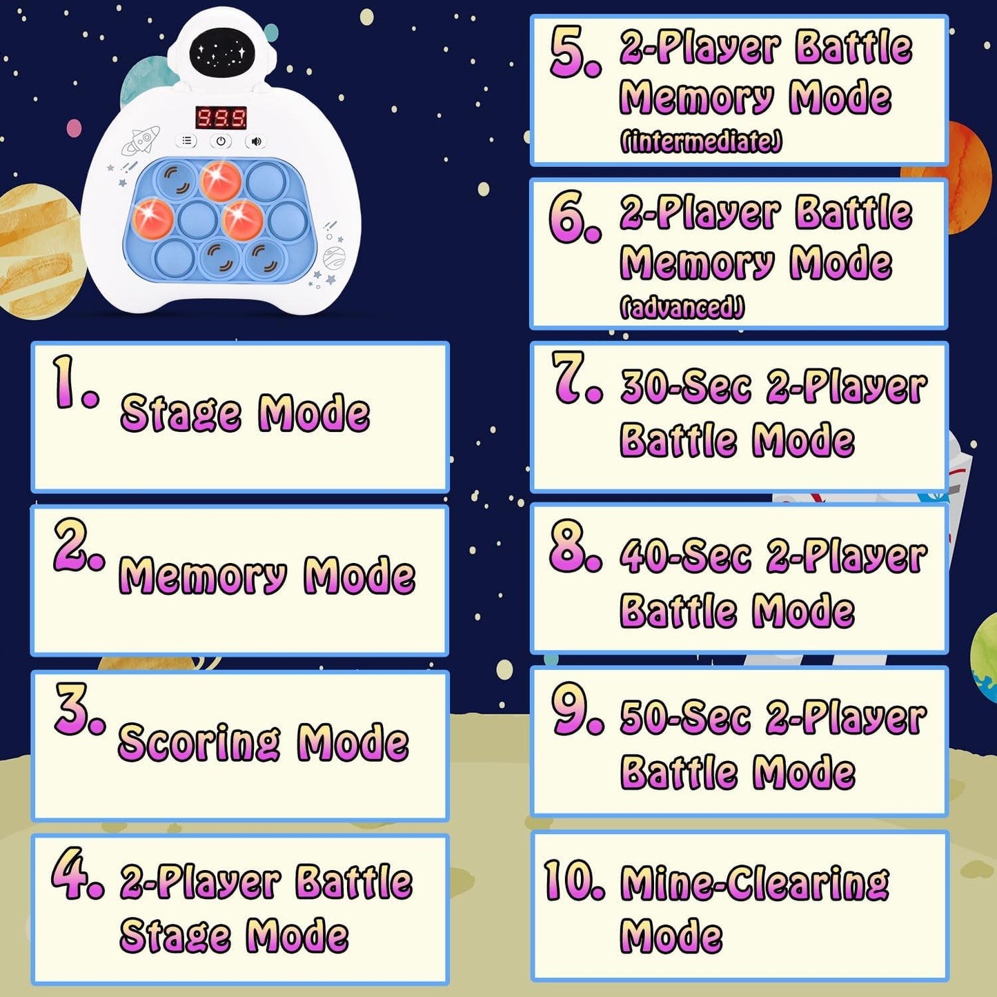 Quick Push Console Game, Pop Game Light up Fidget Toy, Handheld Puzzle Game Fast Push Bubble Game with Game Clearance Screen for Kids Teens Adults (Astronaut)