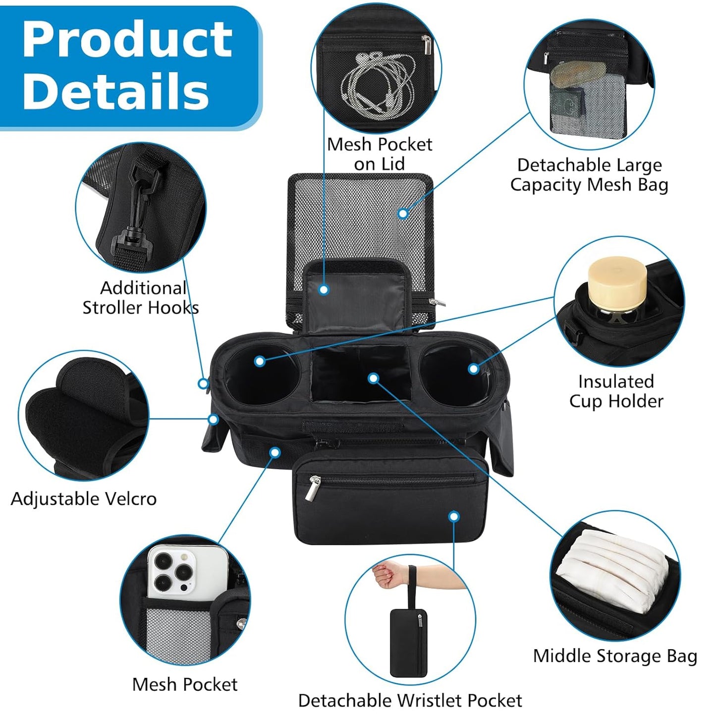 Accmor Universal Stroller Organizer with Insulated Cup Holder Detachable Phone Bag and Shoulder Strap,Stroller Bag Caddy Organizer Fits for Uppababy, Baby Jogger, Britax Strollers