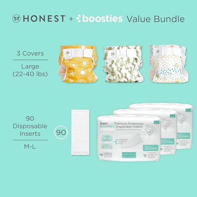 Super Boosties 90ct + Honest Hybrid Cloth Diaper Cover with Pocket-Sling, Large (22-40 lbs), Stops Nighttime Leaks, Boosties Disposable Diaper Inserts, Honest Cotton Muslin Covers, 3 Pack