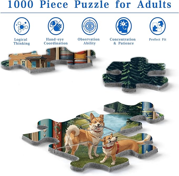 Jigsaw Puzzles for Adults 1000 Pieces, Rocorose Dogs Bookshelf Nature Landscape Puzzle Difficult Animal Jigsaw Puzzles for Family Challenging for Game Night Puzzle Book Home Decoration