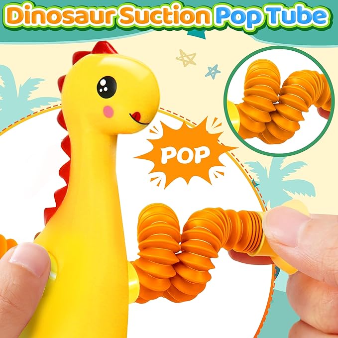 4Pcs Dinosaur Stocking Stuffers Airplane Travel Toys for Toddlers Kid Boys Girls Year Old Age 3+ Sensory Suction Tube ADHD Autism Road Trip Car Activities Essential Pop Fidget Toys Autistic Kid Gift