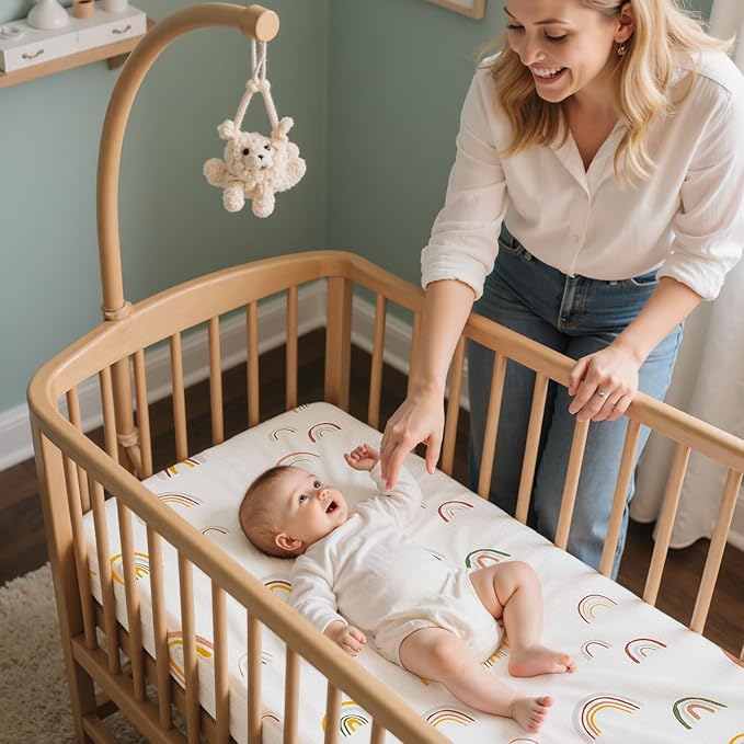 Baby Bassinet Sheets TPU Waterproof 2 Pack Soft Muslin Bedside Bassinet Mattress Sheets with Bottom Elastic Band for Baby Boy Girls Unisex Fit Hourglass Oval and Rectangle, White Rainbow