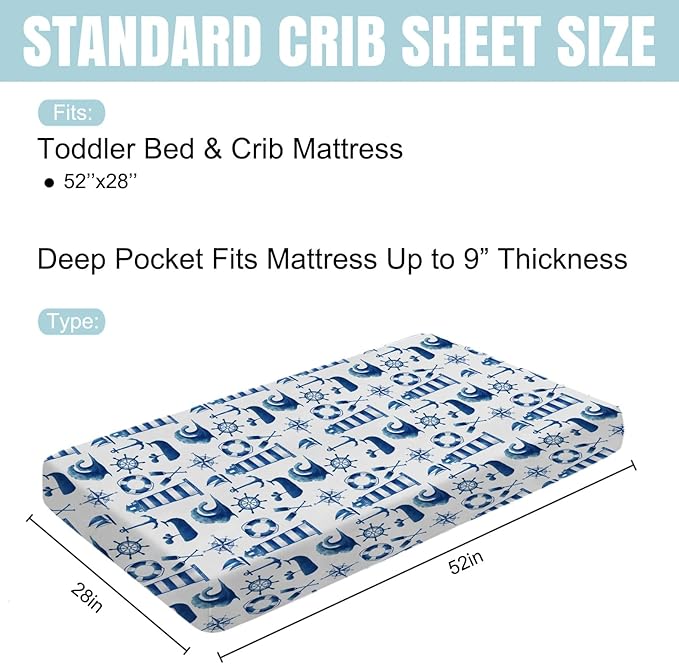 Navy and White Lighthouse Compass Whale Baby Crib Sheet 52''x28'' Nautical Life Fitted Crib Mattress Sheet for Boy Girl Nursery Bed Sheets for Standard Crib and Toddler Mattresses