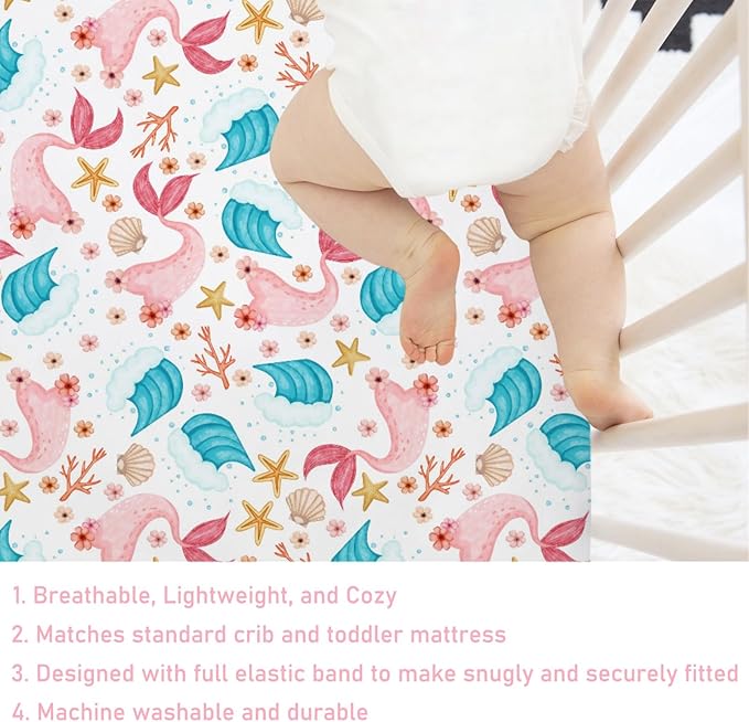 Colorful Nautical Life Baby Crib Sheets 52''x28'' Mermaids Starfish Conch Coral Wave Fitted Crib Mattress Cover for Boy Girl Sea Ocean Animal Nursery Bed Sheets for Standard Crib and Toddler Mattress