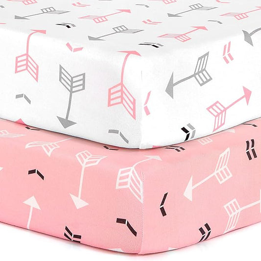 BROLEX Baby Fitted Crib Sheets: Kid Crib Sheets - Set of 2 for Toddler Standard Size Crib Mattress for Boys and Girls - Jersey Knit Crib Bed Sheets Pink White Arrow