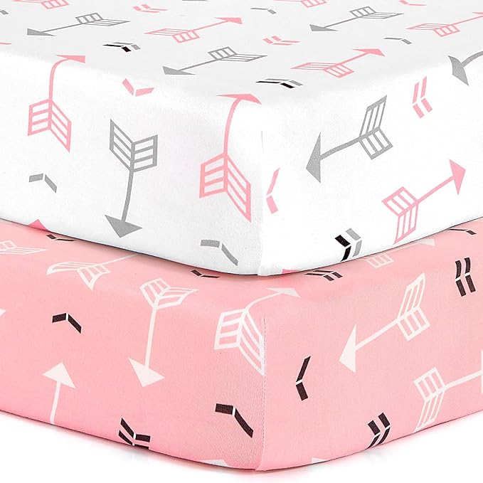 Stretchy Fitted Pack n Play Playard Sheet Set BROLEX 2 Pack Portable Mini Crib Sheets,Convertible Playard Mattress Cover,Ultra Soft Material,Pink White Arrow