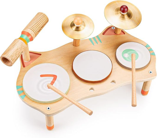 WINGYZ Baby Drum Set – 7-in-1 Wooden Musical Instruments for Toddlers 1-3, Montessori Kids Music Toys with Cymbal & Tone Block, Morandi Cat Design, Early Learning Gift for Boys Girls