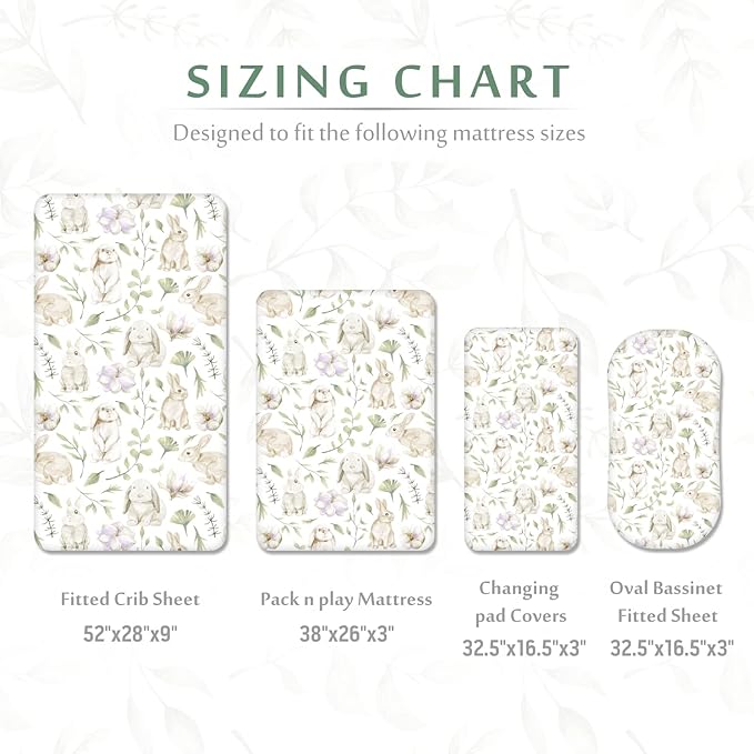 TCBunny 2 Pack Premium Fitted Baby 38X26 Mini Crib Sheets, Pack N Play Bassinet Sheets - Ultra-Soft 100% Cotton, Stylish Rabbit, and Garden Pattern, Safe and Snug for Baby