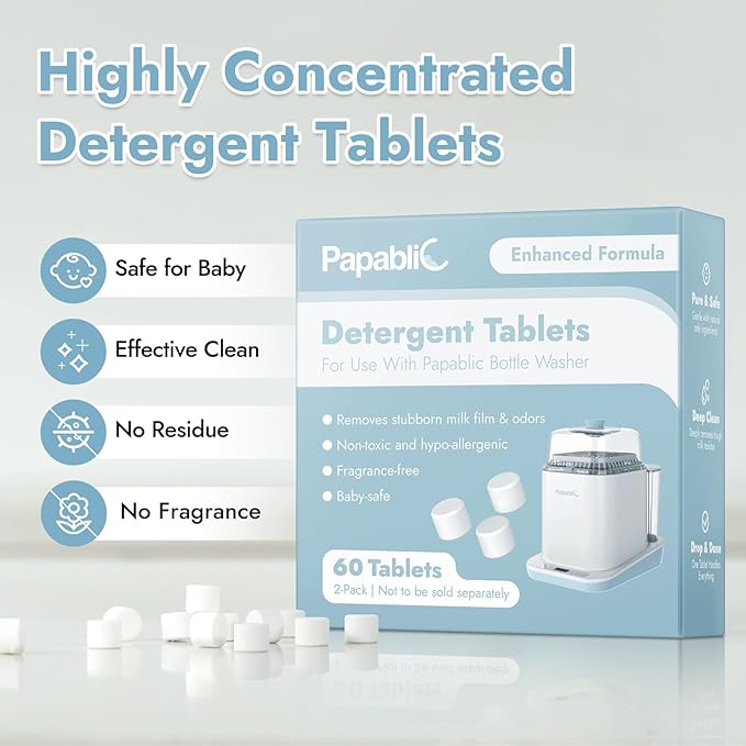Papablic 60Pcs Official Detergent Soap Tablets for Baby Brezza, GROWNSY, Momcozy Bottle Washer Pro & Portable Bottle Warmer, Compact Travel-Friendly Packs Washing Block