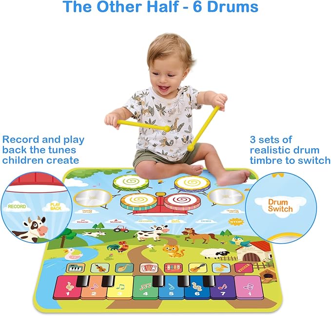 Foki 3-in-1 Musical Mats, Child Floor Piano Drum Animal Music Play Mat Montessori Sensory Early Educational Musical Learning Toys for Baby Girls Boys Birthday Toddlers 1-5 Years Old