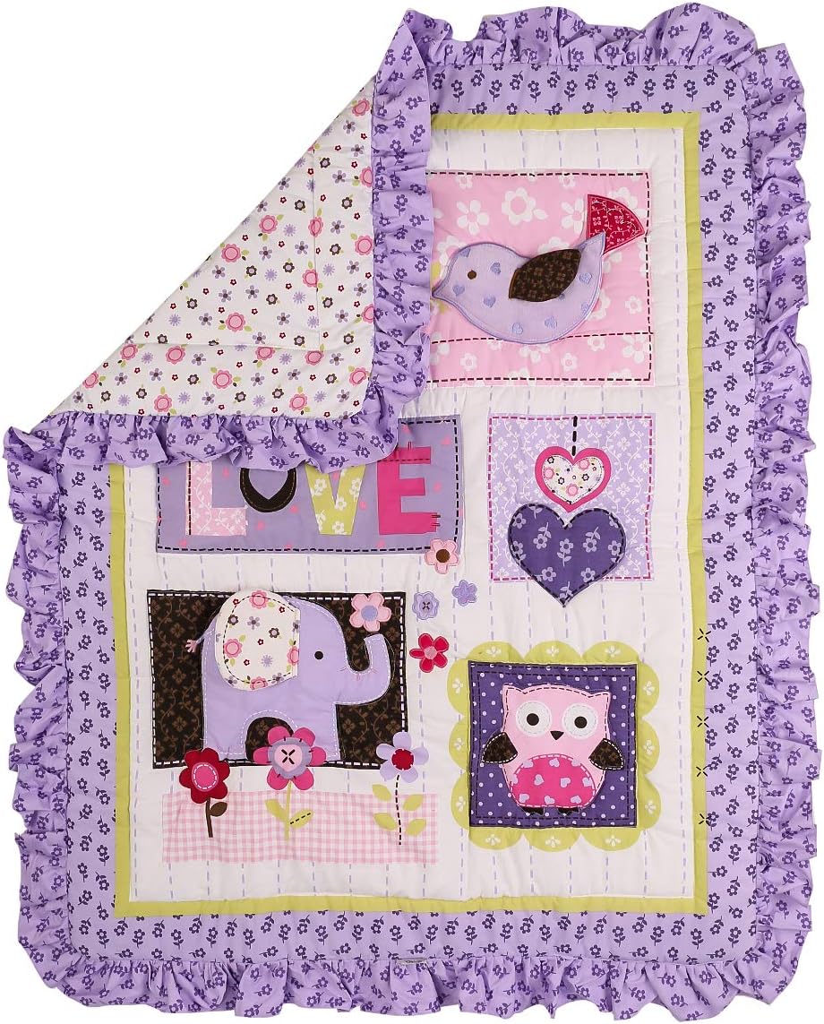 Brandream Crib Bedding Set 3 Pieces Purple Baby Girls Cotton Patchwork Flowers Elephant Owl Nursery with Ruffle Design, Princess Lovely Cute Breathable Healthy