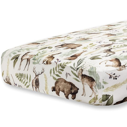 Pobibaby - Premium Single Fitted Baby Boy Crib Sheets for Standard Crib Mattress - Ultra-Soft Cotton Blend, Safe and Snug, and Stylish Woodland Crib Sheet (Wildlife Animal)