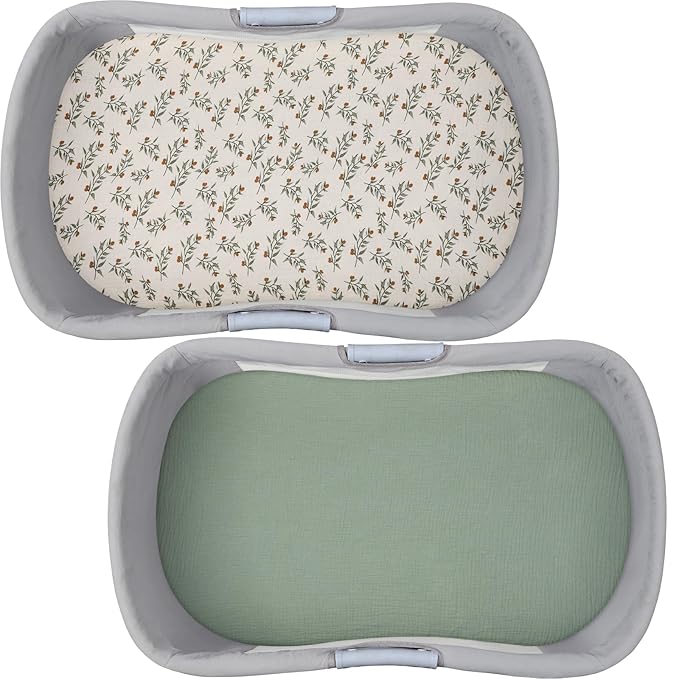Muslin Bassinet Sheet Compatible with Halo Bassinest Swivel Flex Glide Premiere & Luxe Series Sleeper 2 Pack Cotton Stylish Boho Fitted Bassinet Sheets Super Soft for Baby Roman Green & Botanical Leaf