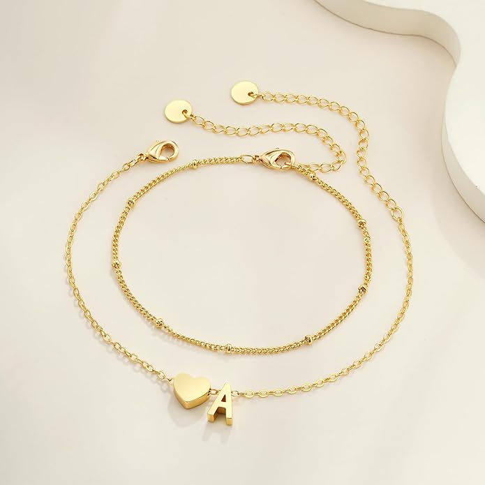 Gold Initial Bracelets for Women Girls - 14K Gold Plated Heart Initial Bracelet Teen Girl Gifts Trendy Stuff Dainty Gold Bracelets for Women Girls Trendy Jewelry Gifts