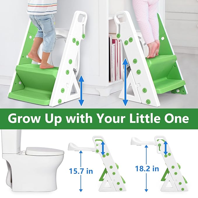 Easy Storage Potty Training Seat with Ladder, Adjustable Step and Toilet Seat Height, Easy-Grip Handles for Climbing, Foldable Portable Toddler Toilet Trainer, Perfect for Small Bathrooms