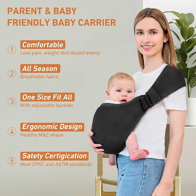 Baby Sling Carrier, Baby Carrier Newborn to Toddler, Mesh Toddler Carrier, Lightweight Breathable Summer Baby Wraps Carrier, Baby Carriers One Size Fits All (Black)