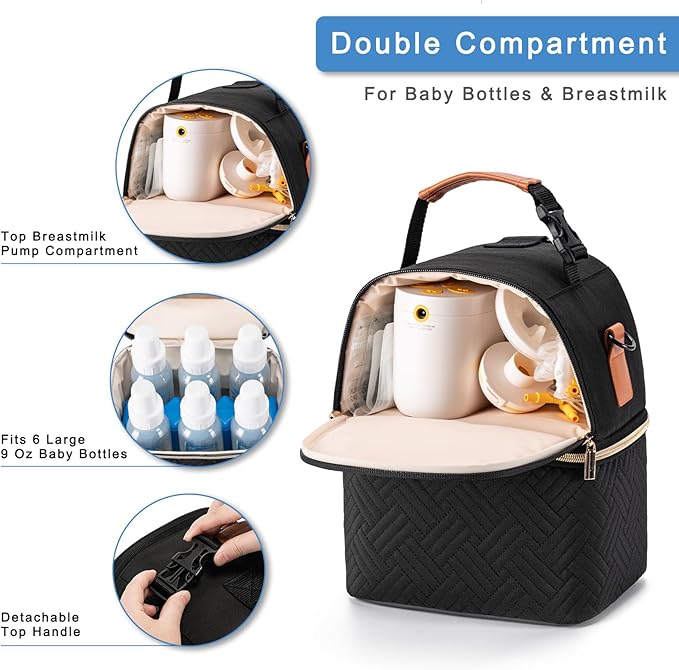 Breastmilk Cooler Bag with Ice Pack & Mat Fit 6 Bottles Up to 9 Ounce, Breast Milk Pump Cooler Bag for Moms Daycare,Work&Travel, Black