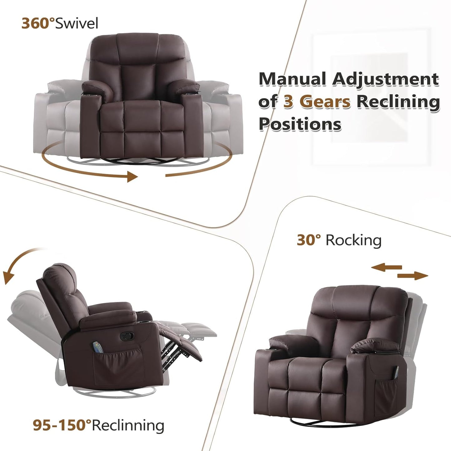 ANJ Swivel Rocker Recliner Chair, Manual PU Leather, 360° Swivel with Massage & Heat for Living Room, Brown
