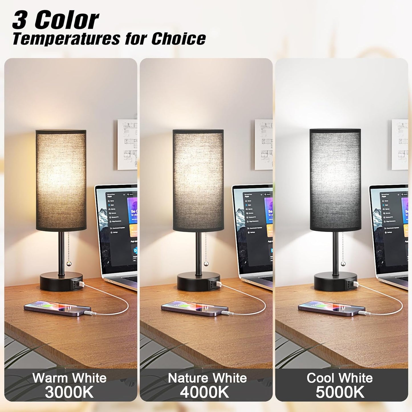 Black Bedside Lamp for Bedroom Nightstand - Small Table Lamp with USB A + C Charging Port, 3 Color Temperatures Pull Chain Night Stand Light with Bulb， Side Table Desk Reading Lamp for Living Room