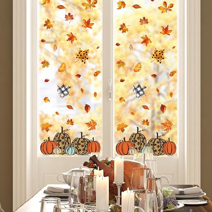 Whaline 138Pcs Fall Window Clings Thanksgiving Autumn Harvest Colorful Pumpkin Leaves Window Decals for Autumn Thanksgiving Home School Office Party Supplies Gifts