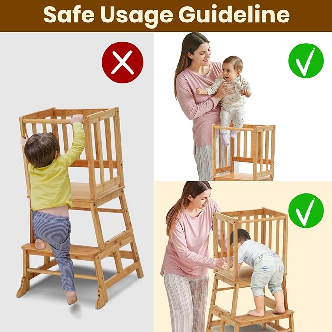 COSYLAND Toddler Standing Tower with Stabilizing Legs - Bamboo Kids Kitchen Step Stool for Learning Cooking - Stable Nursery Standing Stool for Kitchen Island, Bathroom (Natural)