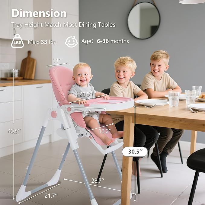 Kinder King Convertible High Chair for Babies & Toddlers, Adjustable Baby Feeding High Chair with Removable Double Tray, Simple Compact Fold for Space-Saving, 2 Built-in Wheels, Easy to Clean, Pink