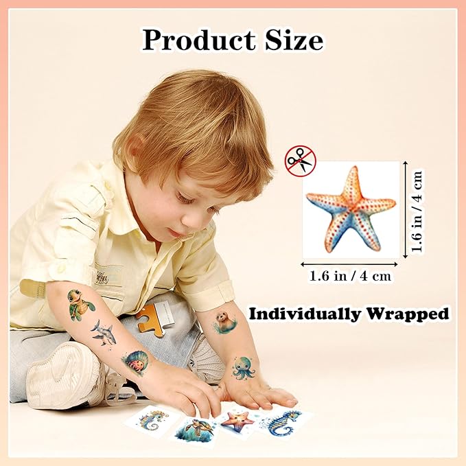 102 PCS Individually Wrapped Ocean Animals Temporary Tattoo for kids - Cute Sea Creature Temporary for Girls Boy Body Arm Shoulder Cute Tattoos Stickers, Birthday Party Supplies Gifts for Kids