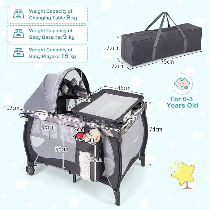 HONEY JOY Pack and Play, 4 in 1 Portable Baby Playard with Bassinet, Changing Table, Lockable Wheels, Music Box, Foldable Travel Baby Crib Nursery Center from Newborn to Toddler(Gray)