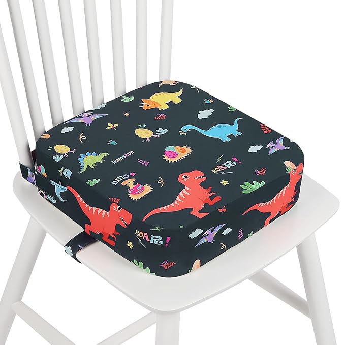 Toddler Booster Seat for Dining Table, Kids Booster Seat for Kitchen Chair with Non-Slip Bottom, Portable Detachable Washable Increasing Cushion with 2 Adjustable Straps (Dinosaur)