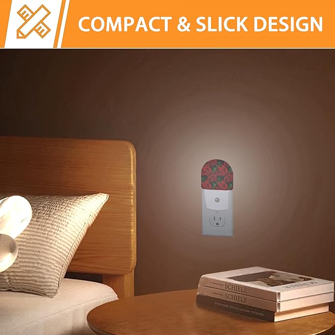 Rose Burgundy Night Light,Red Flower Night Lights Plug into Wall with Dusk to Dawn Sensor,Lamp for Bedroom Bathroom Hallway Nightlight for Women Girls