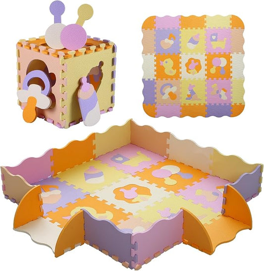 Foam Play Mat for Kids，25Pcs Square Interlocking Puzzle Floor Mat，Baby Play Mat Floor Mat Foam Puzzle Playmat for Toddlers with Fence（Comprehensive-CSH013