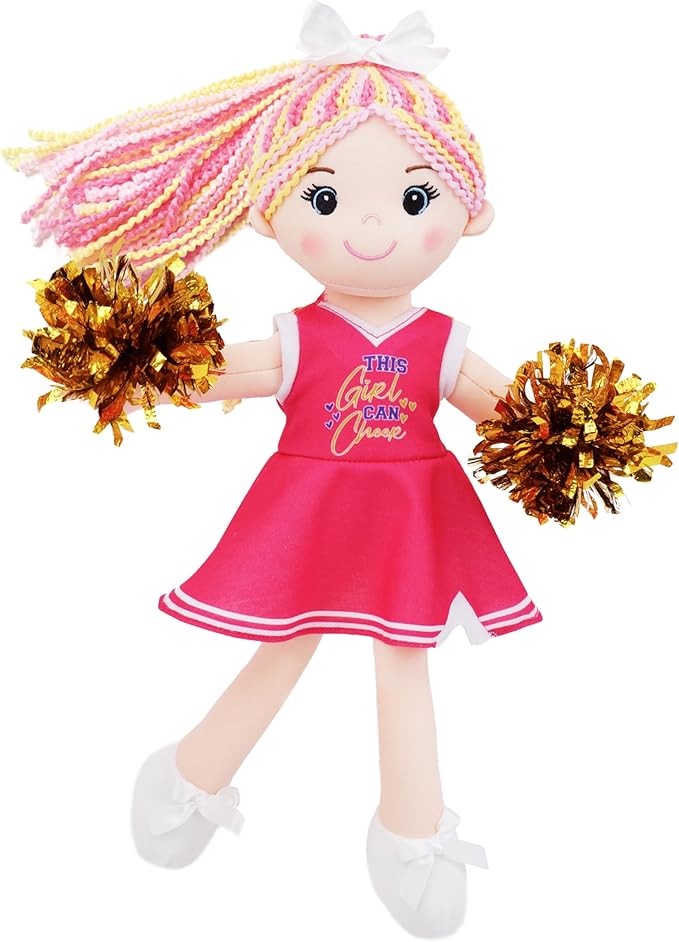 June Garden 14" Snuggle Cuties Cheerleader Sophie - Soft Cuddly Plush Doll Gift for Girls - Huggable Rag Doll - Pink M