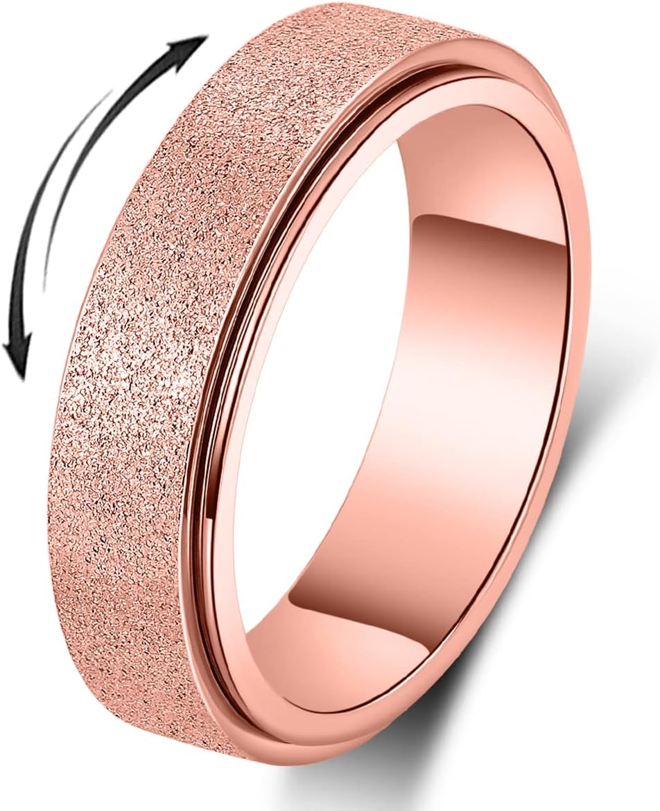 Anxiety Ring for Women Men, Titanium Stainless Steel Spinner Ring, 5 Colors, 6MM, Size 6-10, 3 Styles Anxiety Ring-Moon Star, Sandblasted Finished, Hollow Outer