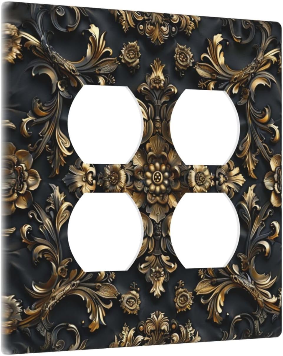 Decorative Outlet Covers Rococo Vintage Black Golden Leaf Morris Vine 2 Gang Wall Plate Cover Double Duplex Receptacle Two Switch Light Switch Cover Plate Jumbo Dual Faceplate