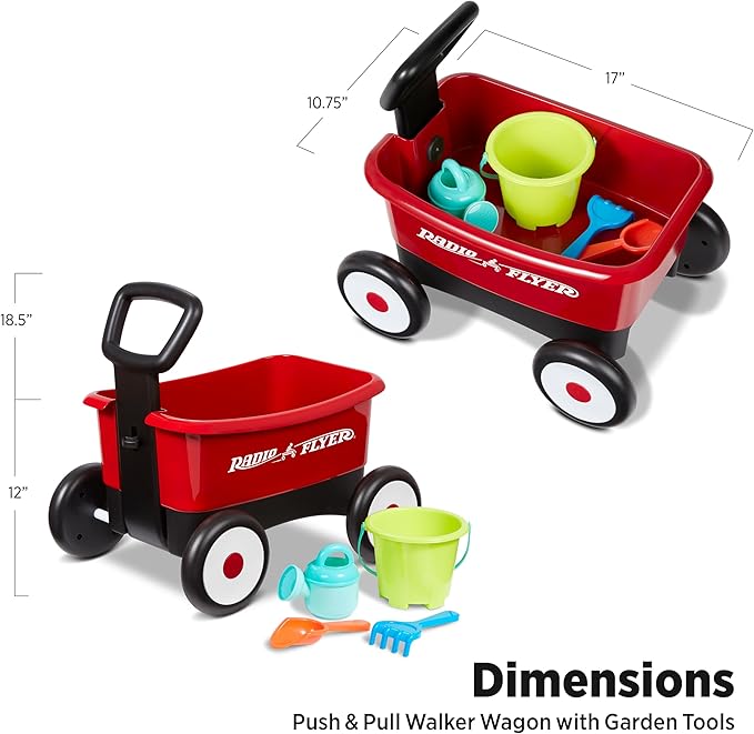 Baby Walker Wagon, Baby Toy Cart, Wagon for Kids, Toddler Toys, Radio Flyer Push & Pull Walker with Garden Tools, Red, for Ages 1-4 Years