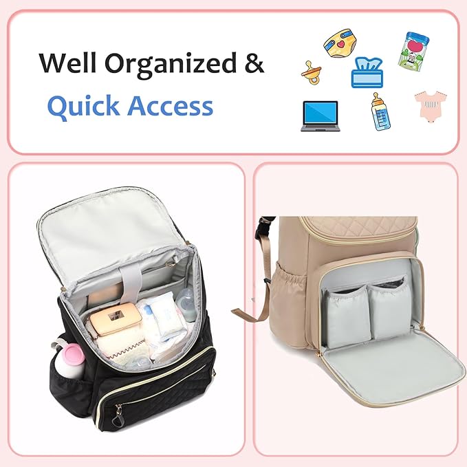 Large Capacity Diaper Bag Backpack with Stroller Buckle, Water-Resistant Travel Baby Bag with Insulated Pockets (Classic, Mocha Mousse)