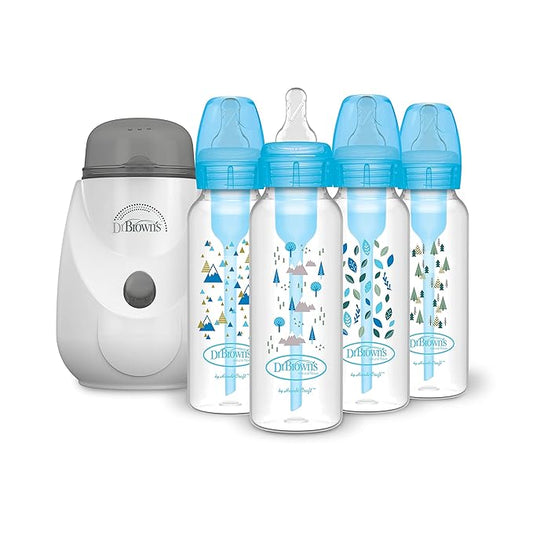 Dr. Brown’s Insta-Feed Bottle Warmer and Sterilizer with Anti-Colic Options+ Narrow Baby Bottles 8 oz/2500 mL, with Level 1 Slow Flow Nipple, 4 Pack, Blue Nature, 0m+