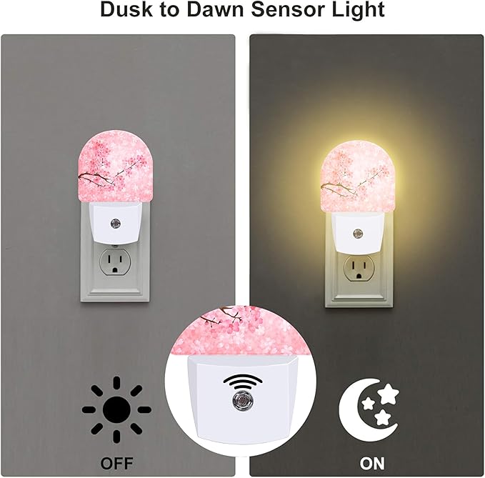 Pink Cherry Blossoms Night Light Plug into Wall, Blooming Cherry Tree Dusk to Dawn Night Light Plug in,0.5w Energy Saving Sleep Friendly NightLight for Kids Boys Girls Home Decor