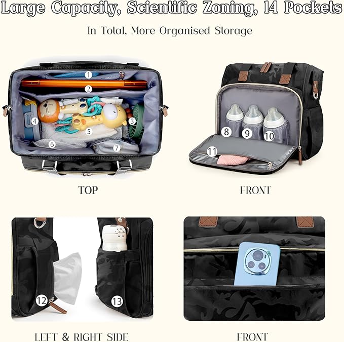 Diaper Bag Backpack, Mommy Travel Diaper Bag Tote with Shoulder Strap, Hospital Bag, Weekender Baby Bag for Mom