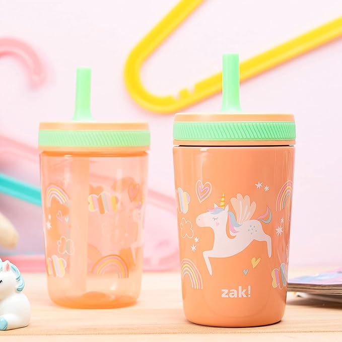 Zak Designs Unicorn Kelso Tumbler Set, Leak-Proof Screw-On Lid with Straw, Bundle for Kids Includes Plastic and Stainless Steel Cups with Bonus Sipper, 3pc Set, Non-BPA, 15 fl.oz.