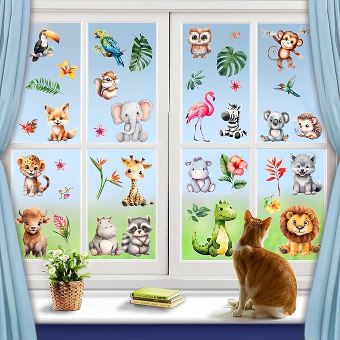 38 Animal Window Stickers, Cute Elephant, Monkey, Bird Window Stickers, Perfect for Parties, Decorating Rooms, Living Rooms, Kitchens, bathrooms, refrigerators, Tile Stickers