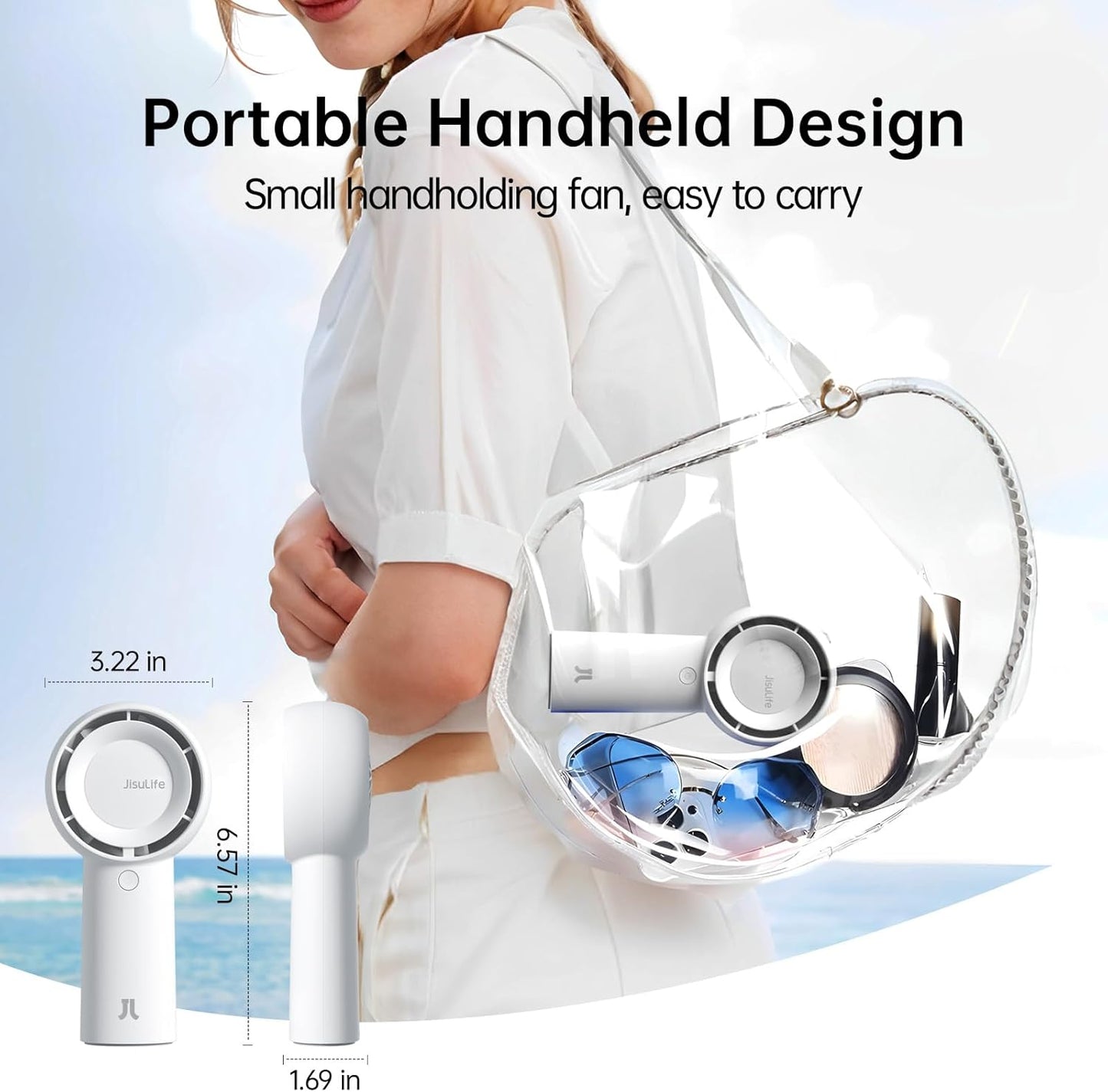 JISULIFE Portable Handheld Turbo Fan [16H Max Cooling Time], 4000mAh USB Rechargeable Personal Battery Operated Lash Small Pocket Fan with 5 Speeds for Travel/Outdoor/Vacation/Concerts - White