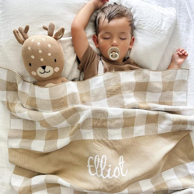 Personalized Gingham Name Blanket – 100% Cotton Baby Blanket, Gingham Band Design, Customized with Name, Boys and Girls, Bassinet and Crib, Gift for Baby, Newborn, Toddler or Kids (Bassinet)