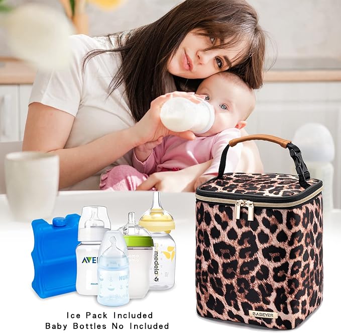 BreastMilk Cooler Bag with Ice Pack Fits 4 Baby Bottles Up to 9 Ounce, Baby Bottle Bag for Nursing Mom Daycare-Leopard Print