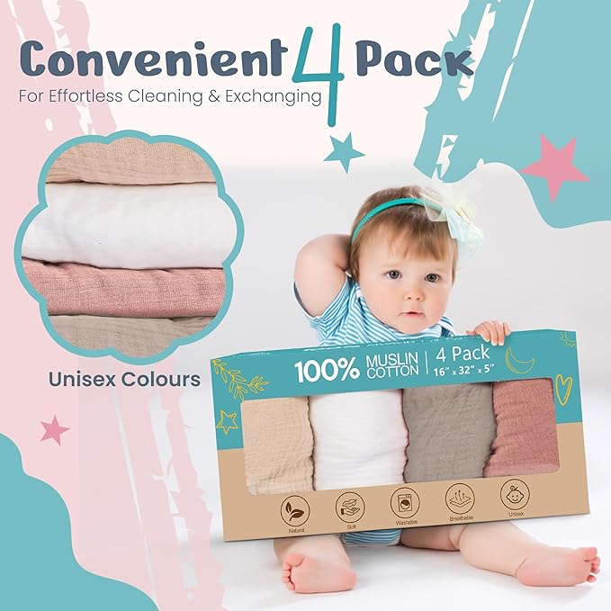 100% Muslin Changing Pad Cover Ultra Soft 120GSM Baby Changing Pad Covers for Girls and Boys - Easy wash Diaper Changing pad Cover with Low Shrinkage (4 Pack - White/Beige/Sand/Greish)