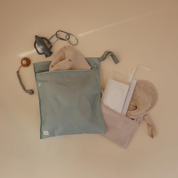 mushie Water Resistant Wet Bags | Large & Small Reusable Storage Bag for Baby Items and Travel | Zippered Pockets with Handle | Machine Washable, Set of 2 (Fog)