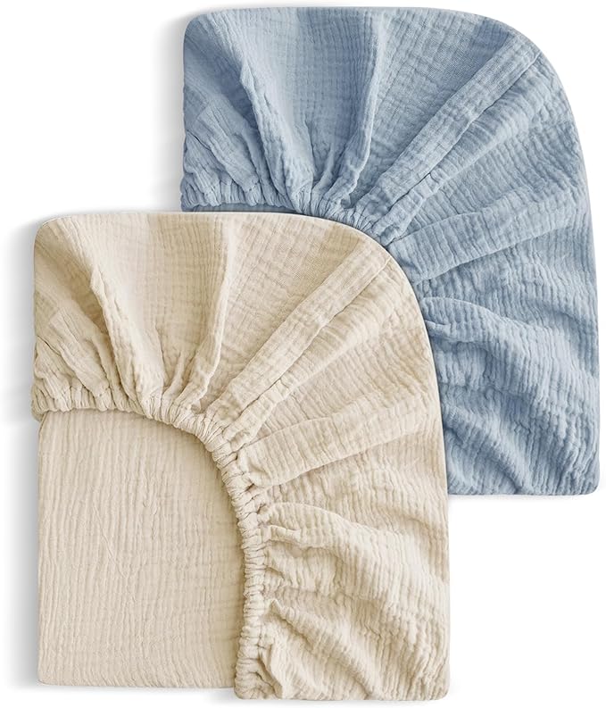 2 Pack Soft Muslin Baby Mini Crib Sheets, 100% Cotton Breathable Double Layer Fitted Sheets for Mini Crib and Pack N Play Mattresses 24x38 Inches, for Baby Girls and Boys (Beige & Grey