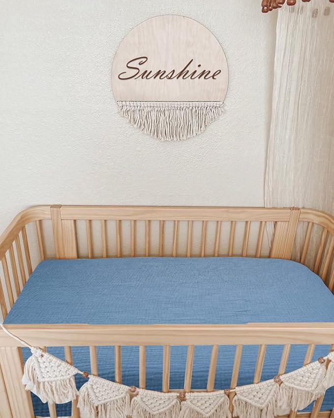 Mini Crib Sheets for Baby, Fitted Pack N Play Mattress and Mini Cribs 24" x 38", Neutral Muslin Cotton Mini Crib Mattress Sheet with Boho Style, Soft and Breathable Comfort (Blue)