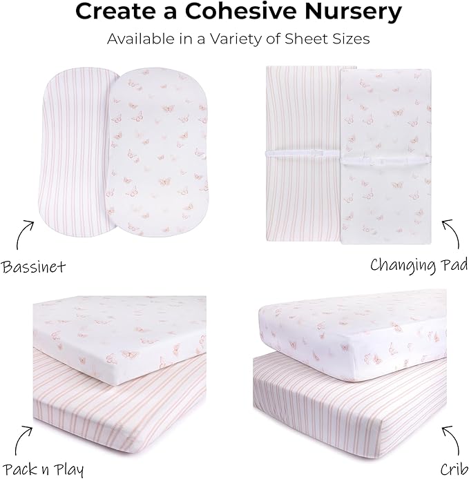 Ely’s & Co. Crib Sheets, Baby Girl Fitted Crib Mattress Sheet Set, 2 Pack, 100% Jersey Knit Cotton, Infant and Toddler Nursery Bedding, Pink Butterfly + Stripes Print, 28” x 52”