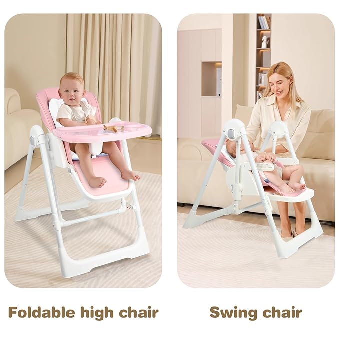 High Chairs for Babies and Toddlers Foldable High Chair Adjustable with Reclining Seat & Leg Rest, 3-in-1 Convertible Baby Swings with Tool-Free Assembly (Pink)